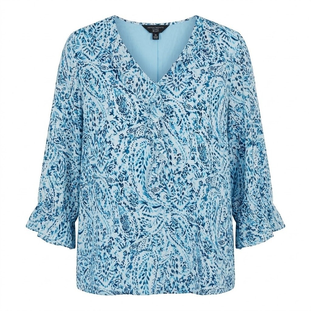 NEW Investments Woman 3x Riley Blue Paisley V-Neck Ruffle Sleeve Blouse